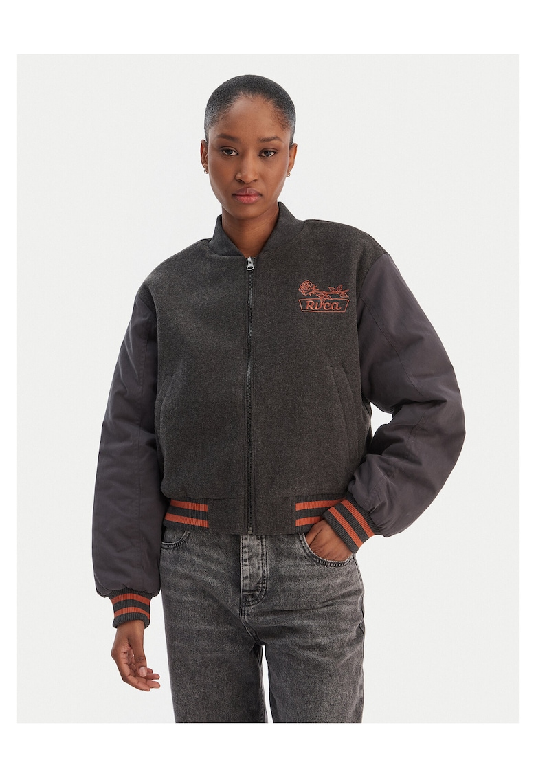 Geaca bomber dama - gri - poliester - cu fermoar - buzunare cu fermoar