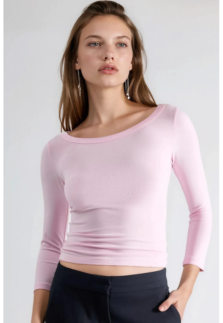 Bluza dama - maneca lunga - guler rotund - roz - jerseu bumbac-polietser