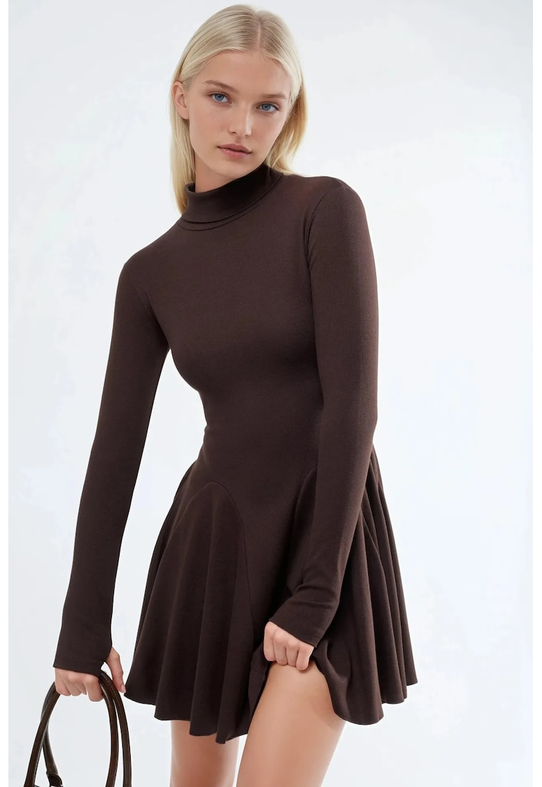 Rochie Mini - guler inalt - maro - bumbac-elastan