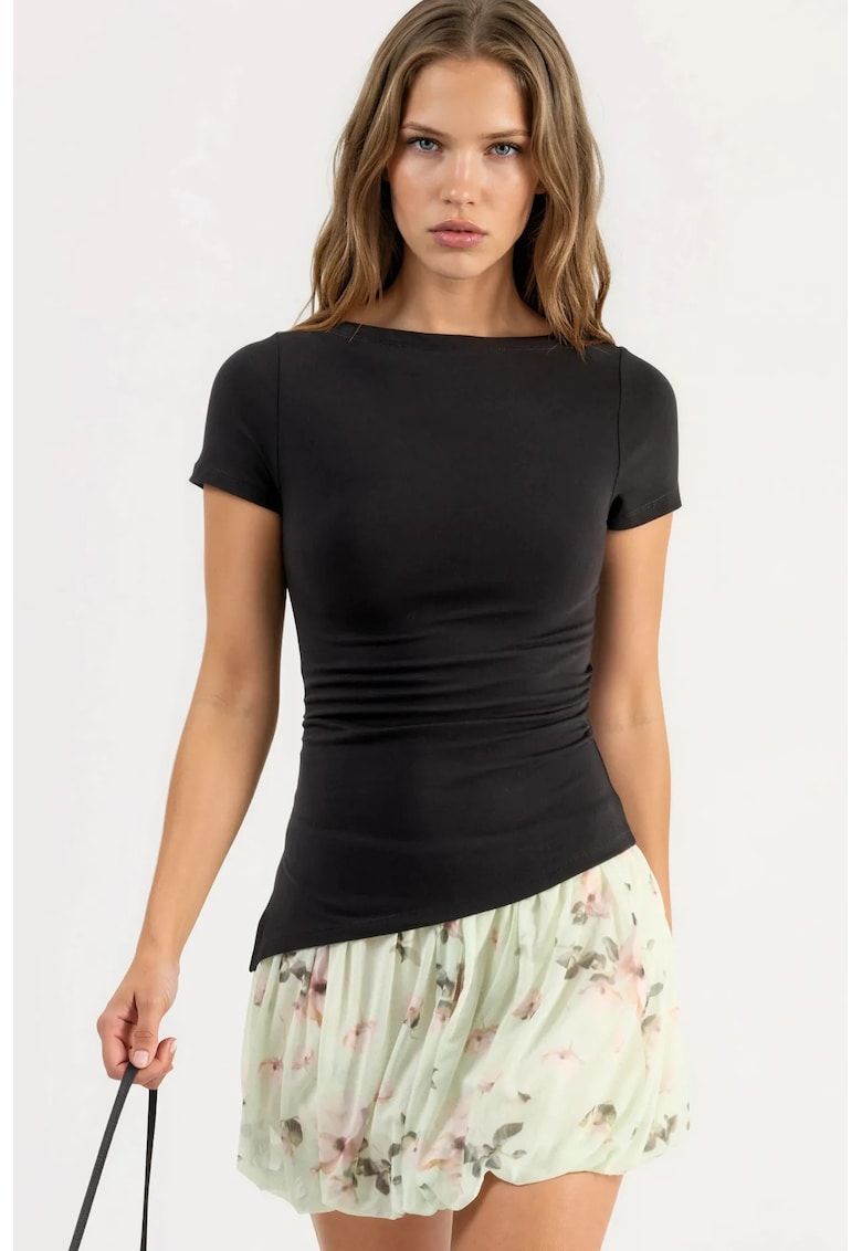 Bluza dama - Slim Fit - guler barca - negru - bumbac-poliester