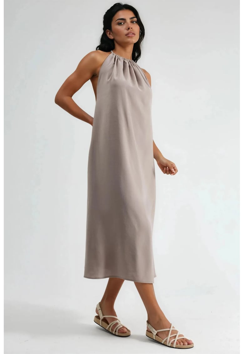 Rochie lunga detalii drapate - poliester/modal - Maro nuc