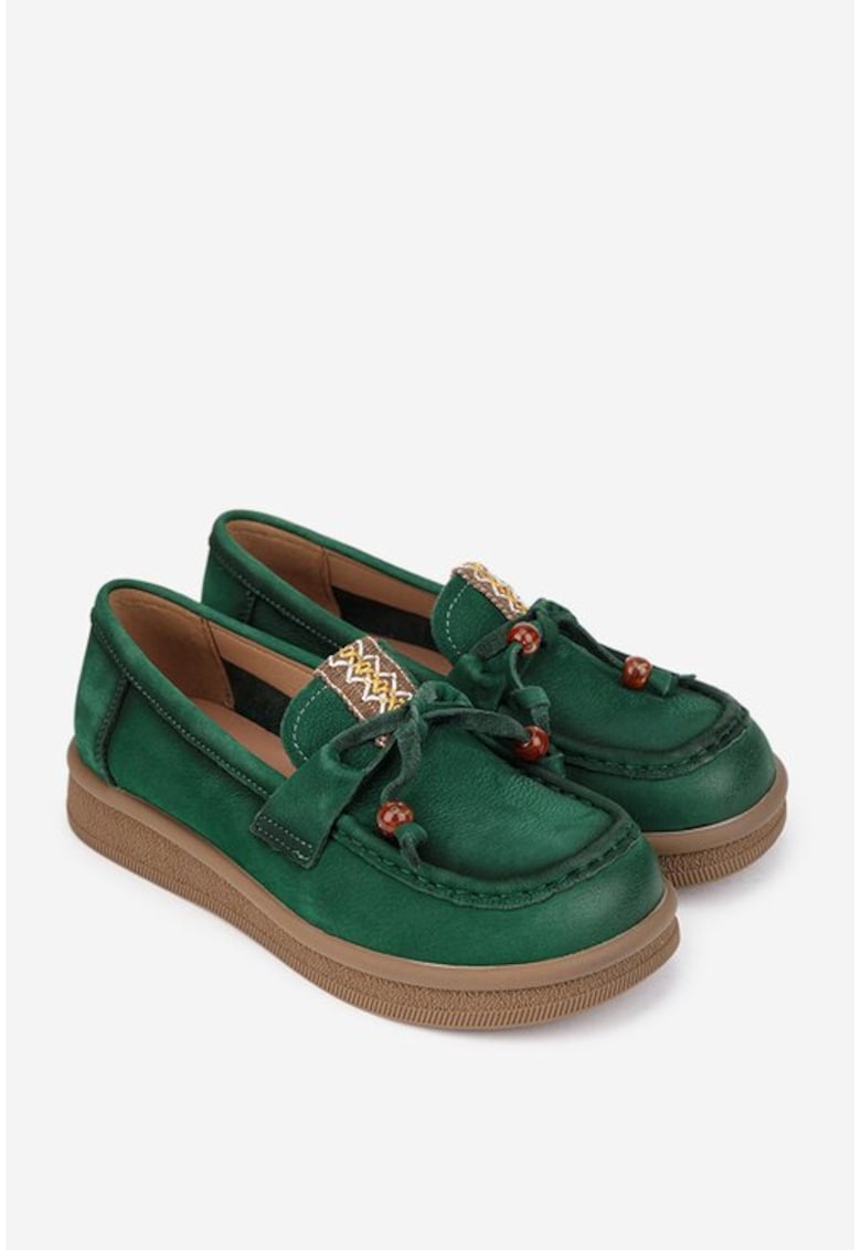 Pantofi dama verzi din piele nabuc cu ornament