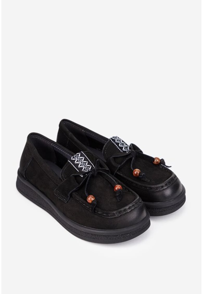 Pantofi dama negri din piele nabuc cu ornament
