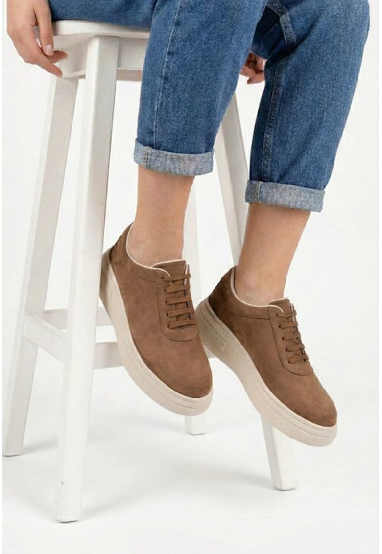 Pantofi dama maro din piele intoarsa - 31542 - Maro deschis