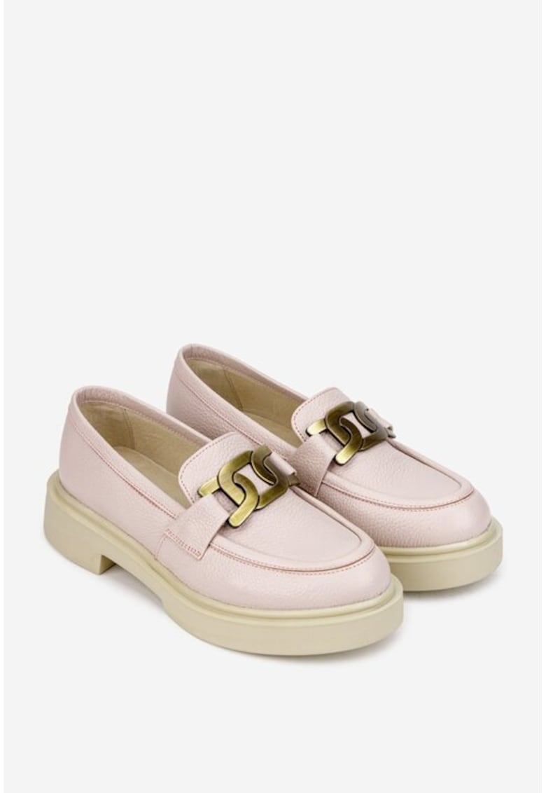 Pantofi dama roz pudra din piele texturata cu ornament