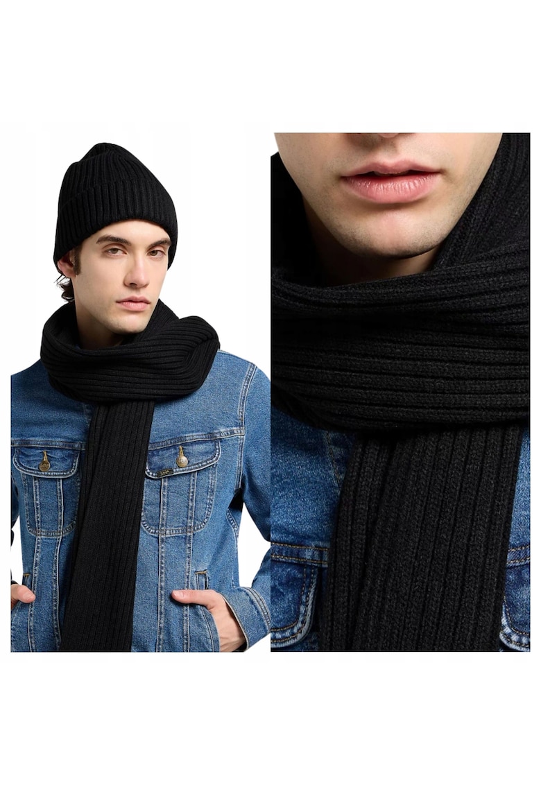 Caciula + Esarfa Barbati - Xmas Pack - Regular Fit - Tricot Moale - Calduroasa Si Comoda - Sezonul Toamna-Iarna - Acril - One Size - Negru