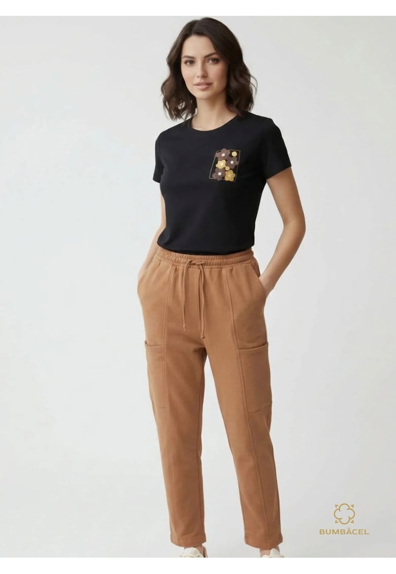 Set doua piese - tricou cu imprimeu si pantaloni cu siret si buzunare - din bumbac - pentru dame - Maro