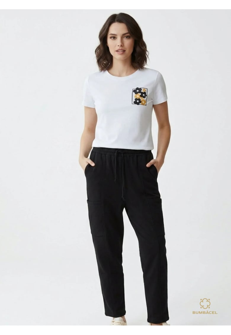 Set doua piese - tricou cu imprimeu si pantaloni cu siret si buzunare - din bumbac - pentru dame - Negru