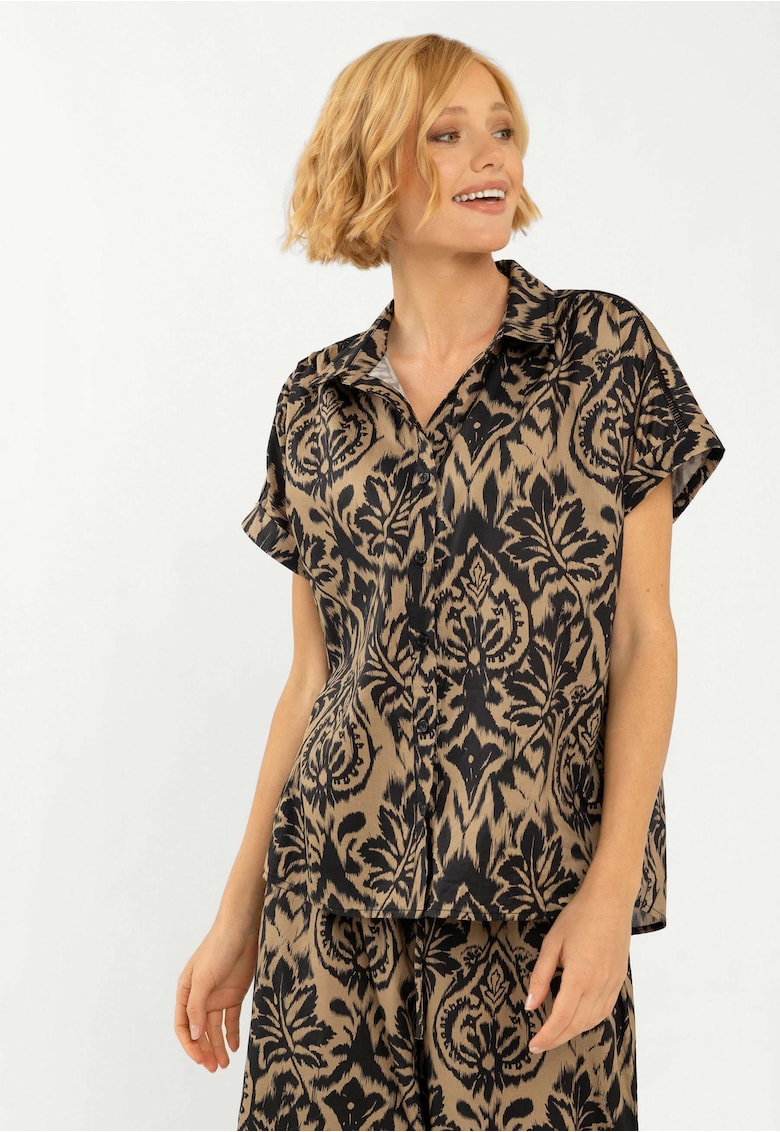 Bluza de dama cu model oriental C-Safi - maneca scurta - din bumbac - Bej si negru - Bej negru/Multicolor