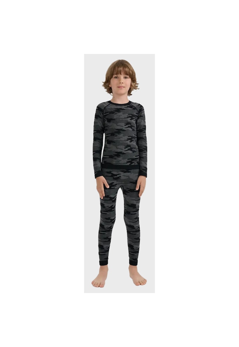 Set Lenjerie De Corp Termica Pentru Baieti - Useam249 - Pantaloni Si Bluza - Material Respirabil Flexibil - Tehnologie 4Fskin Fara Cusaturi Pentru Antrenament Sport Iarna Si Utilizare Zilnica - Imprimeu Camuflaj Multicolor La Moda - Gri - Multicolor
