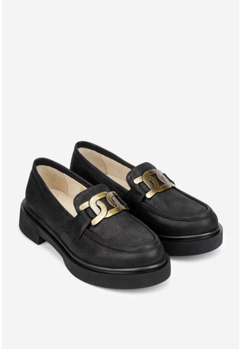 Pantofi dama din piele naturala cu ornament - Negru