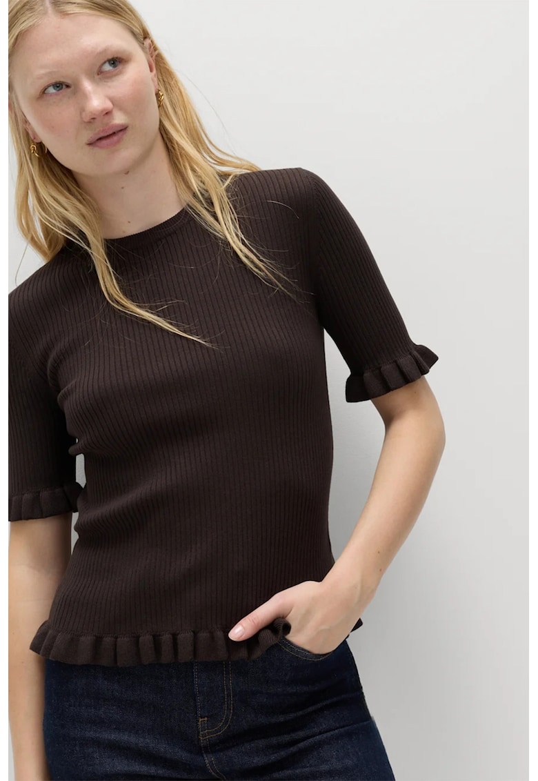 Pulover slim fit cu terminatii cu volane - Maro inchis