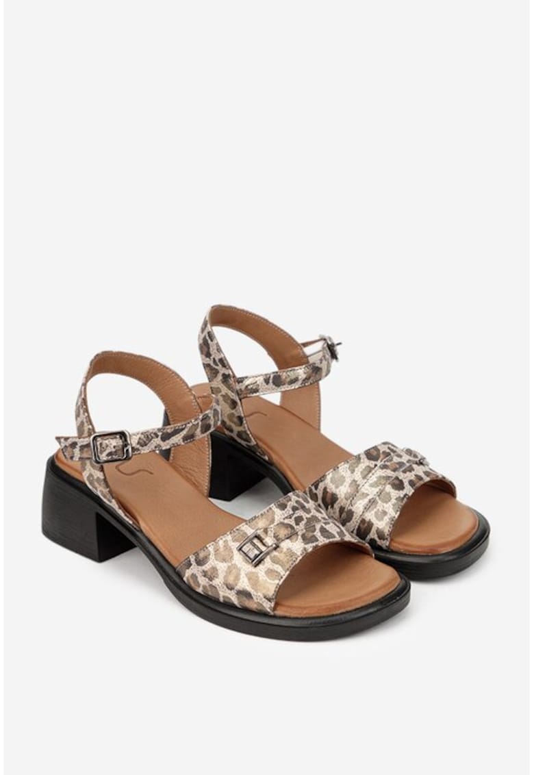 Sandale dama din piele sidefata bej cu animal print