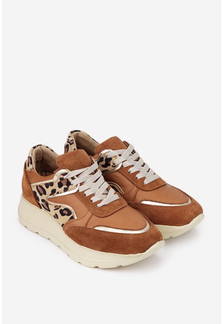 Pantofi dama maro din piele cu detalii animal print