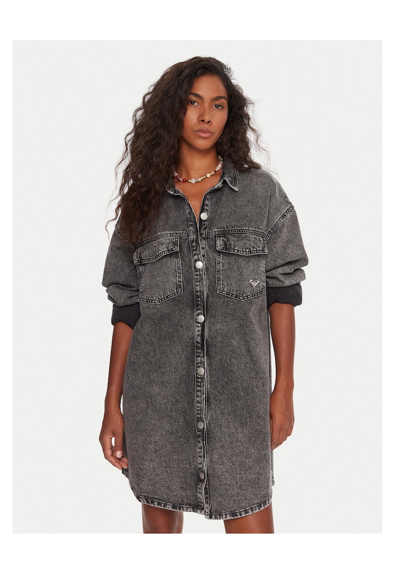 Rochie din denim gri - bumbac - sistem de inchidere cu nasturi -