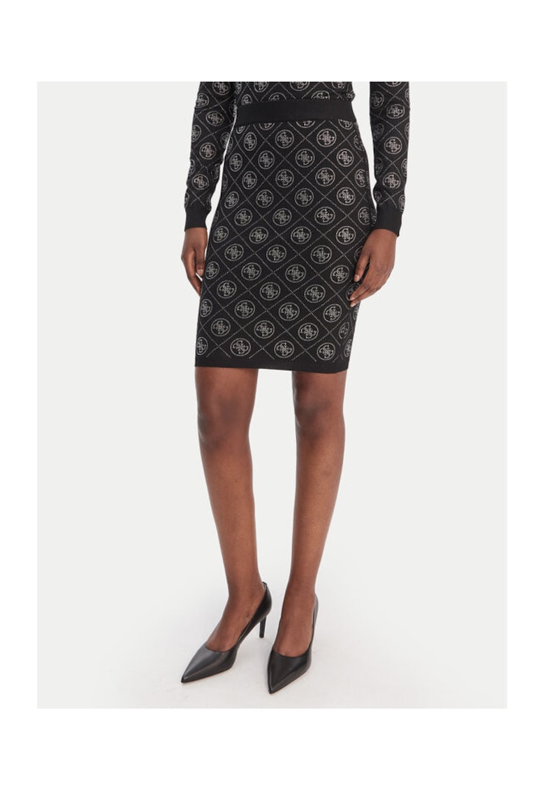 Fusta midi - neagra - din 41% poliester - 36% poliamida - 18% acril - 5% lana