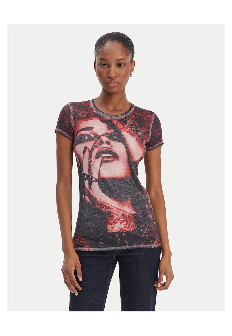 Tricou dama - poliester/bumbac - rosu/negru