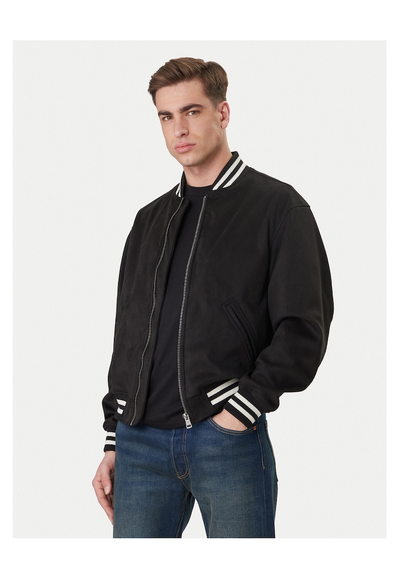 Geaca bomber barbati - neagra - poliester - fermoar -