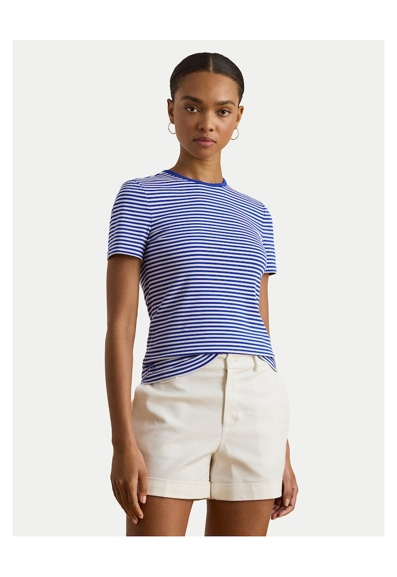 Tricou dama - slim fit - model dungi - albastru/alb - bumbac/elastan