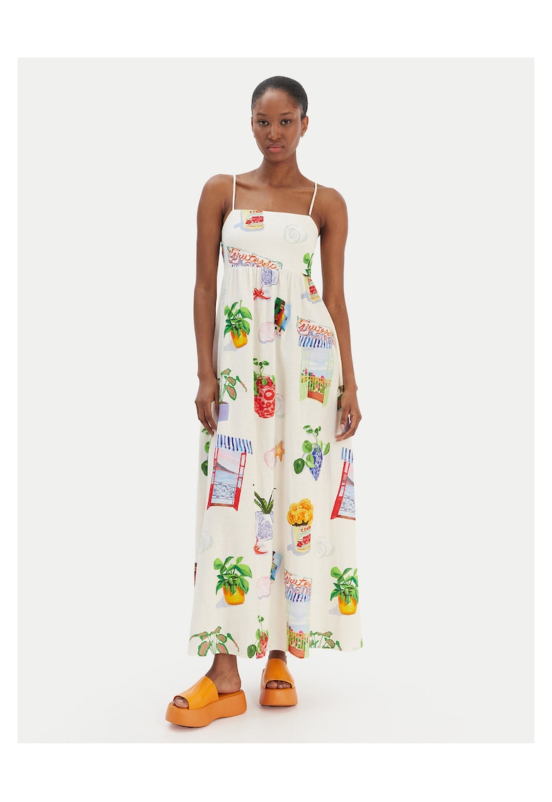 Rochie pentru femei - 55% in - 45% bumbac - Ecru/multicolor