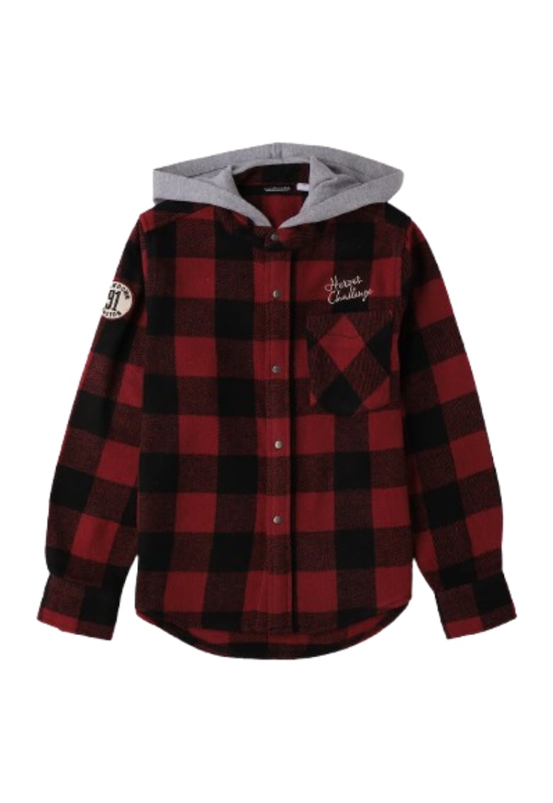 Camasa baieti cu gluga din twill in carouri si croiala oversized - Rosu - Negru