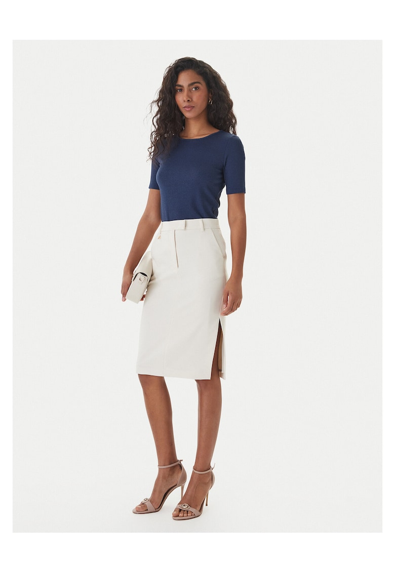 Fusta midi poliester - ecru - fermoar - 90% poliester - 10% elastan