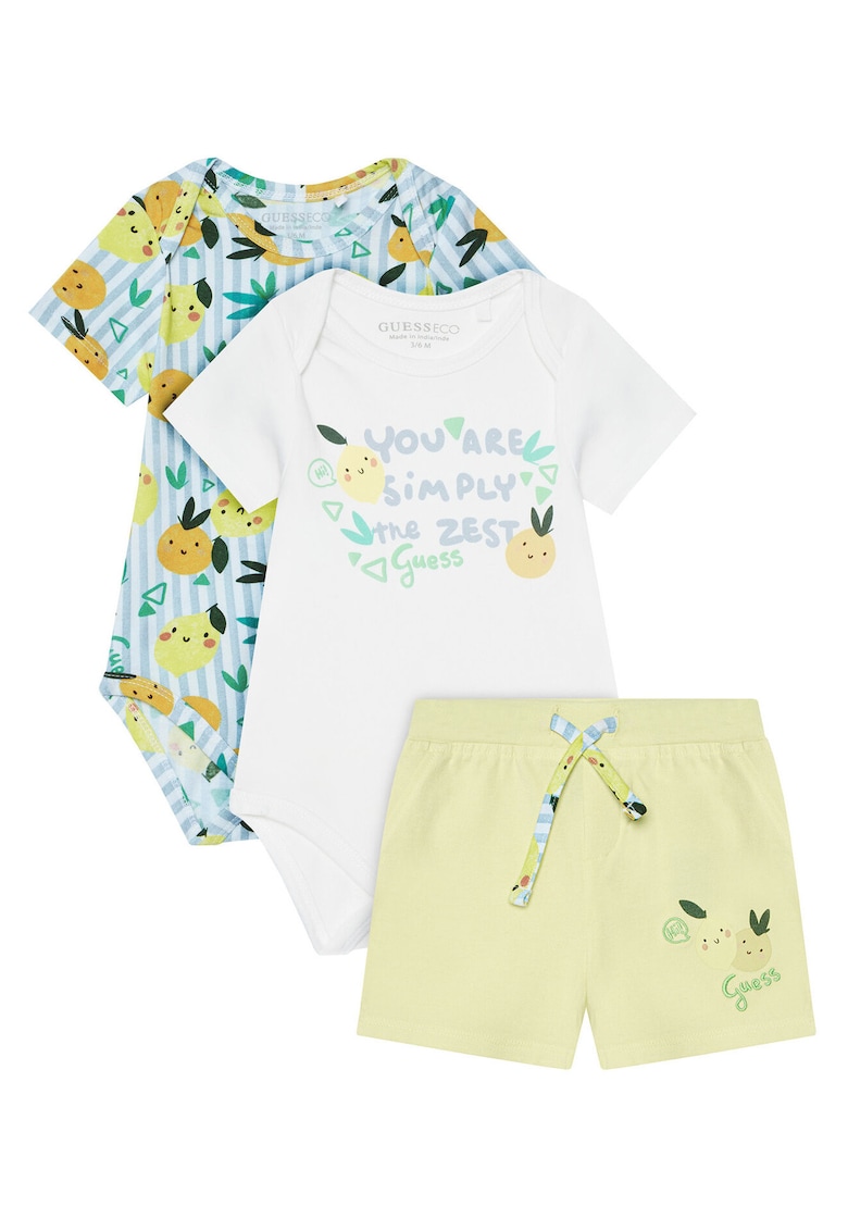 Compleu copii - set body+ pantaloni scurti - bumbac - alb - albastru - galben