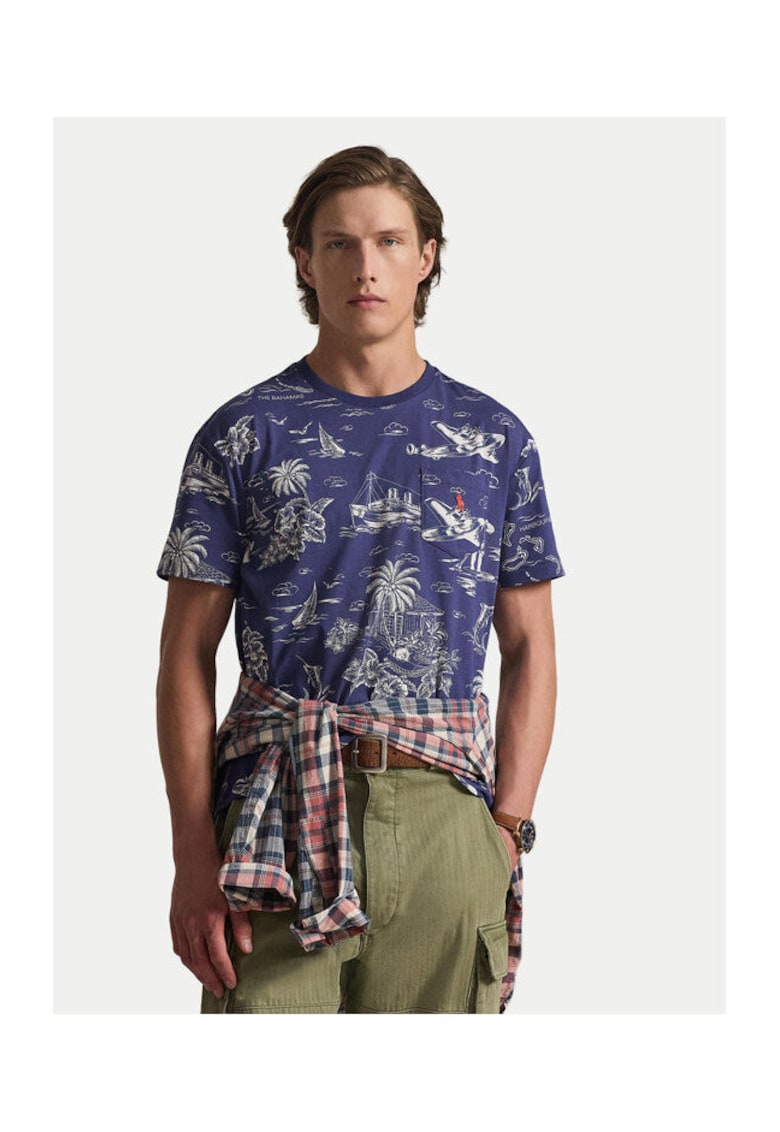 Tricou barbati - slim fit - bleumarin - bumbac - cu model