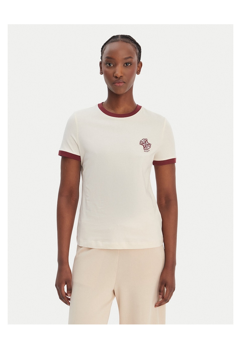 Tricou din bumbac cu detalii contrastante - Ecru