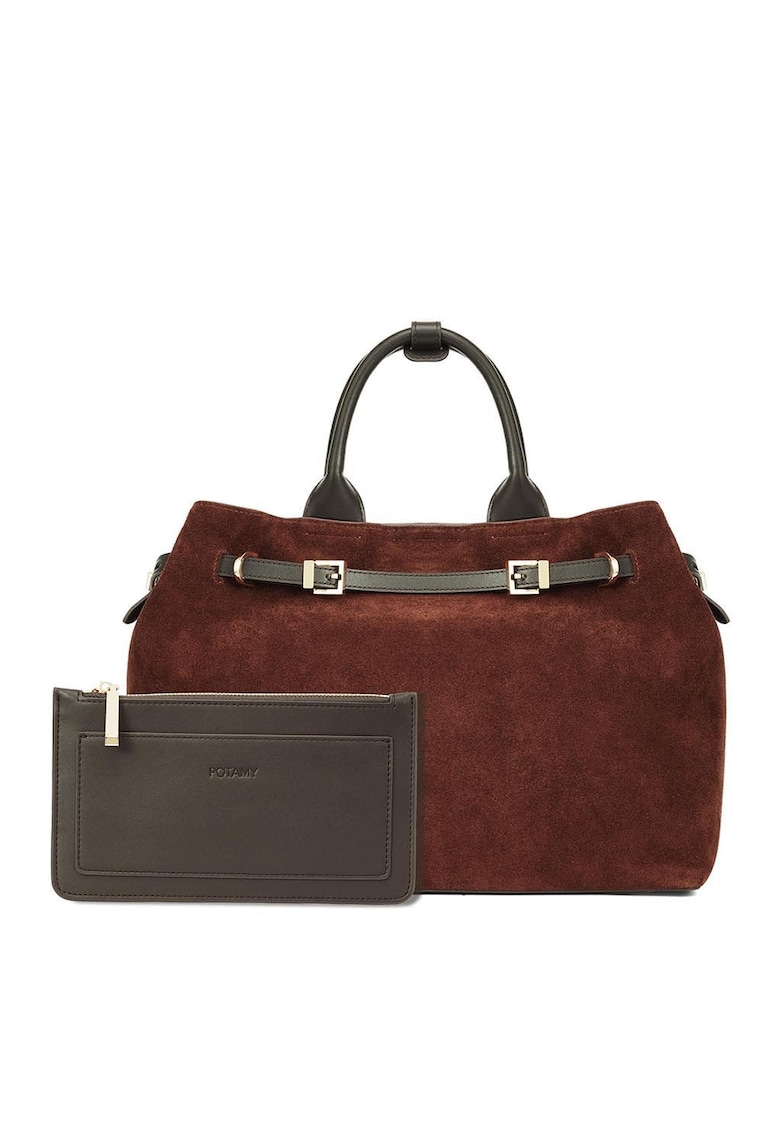 Geanta din piele intoarsa cu bareta de umar si portofel detasabil - Maro inchis/Maro cognac