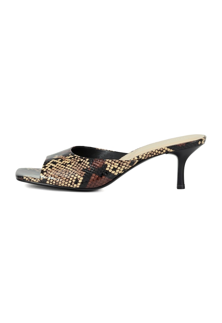 Papuci cu toc - din piele cu model piele de sarpe - Negru/Maro/Bej