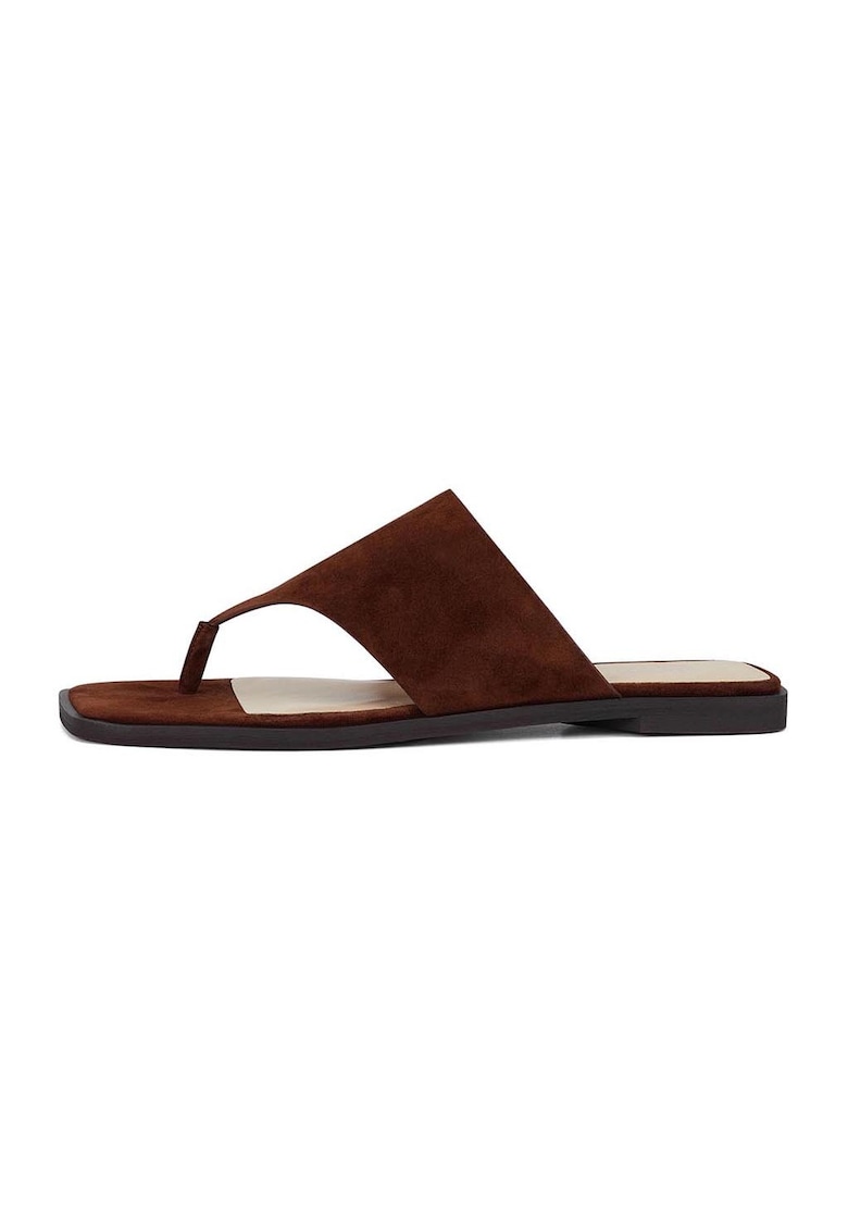 Papuci flip-flop din piele intoarsa cu bareta lata - Maro cognac