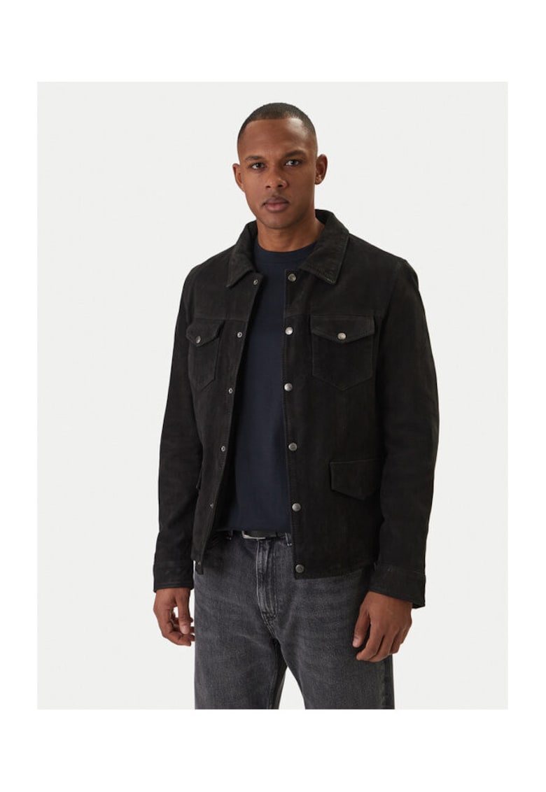 Geaca de piele barbati - piele intoarsa - slim fit - negru - 100% bumbac