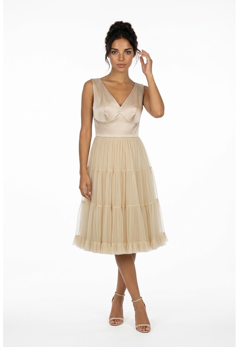 Rochie midi din tul si tafta Francisca - Bej