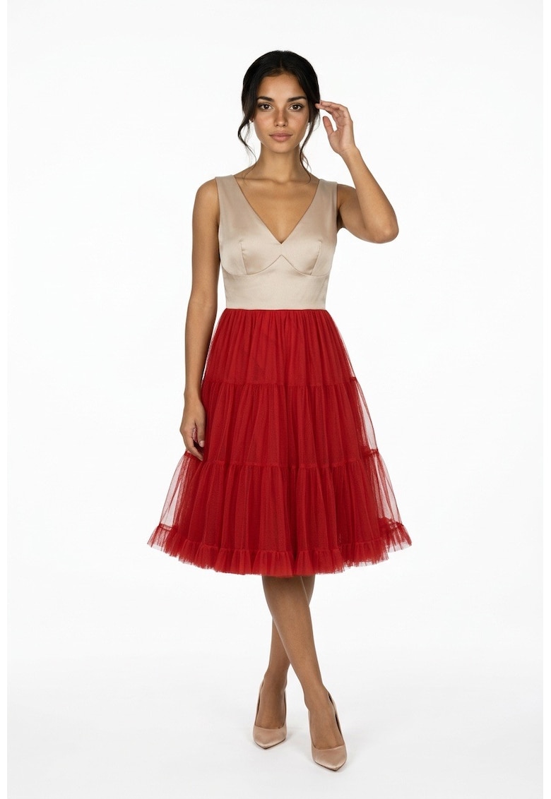 Rochie midi din tul si tafta Francisca - Rosu