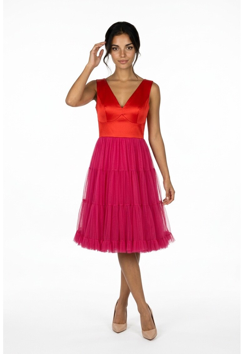 Rochie midi din tul si tafta Francisca - Rosu/Roz