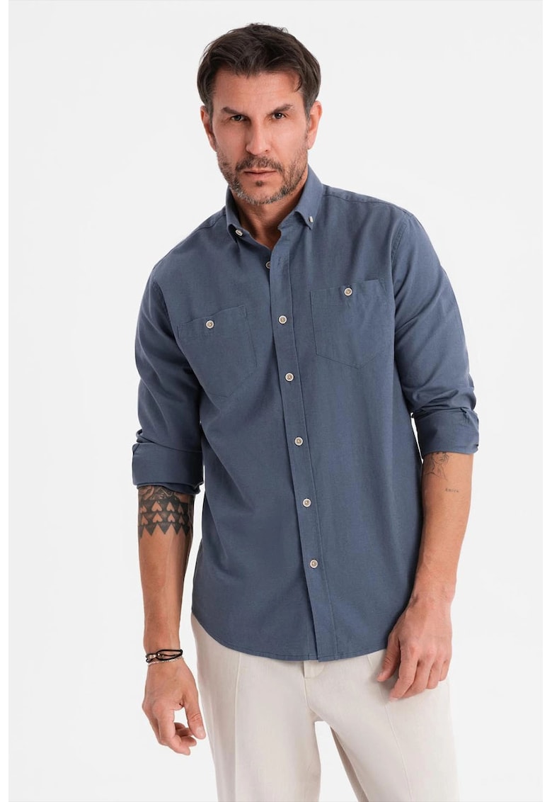 Camasa de in si bumbac cu guler fixat cu nasturi - Albastru inchis
