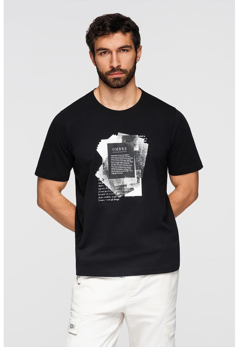 Tricou cu decolteu rotund si model grafic - Alb/Negru/Gri antracit