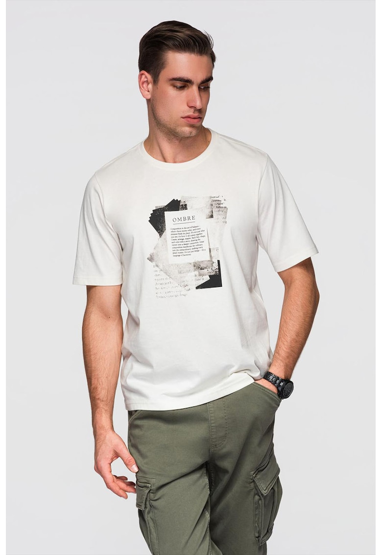 Tricou cu decolteu rotund si model grafic - Alb/Negru/Gri inchis