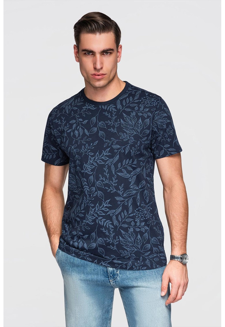 Tricou cu model si decolteu rotund - Albastru lavanda/Bleumarin