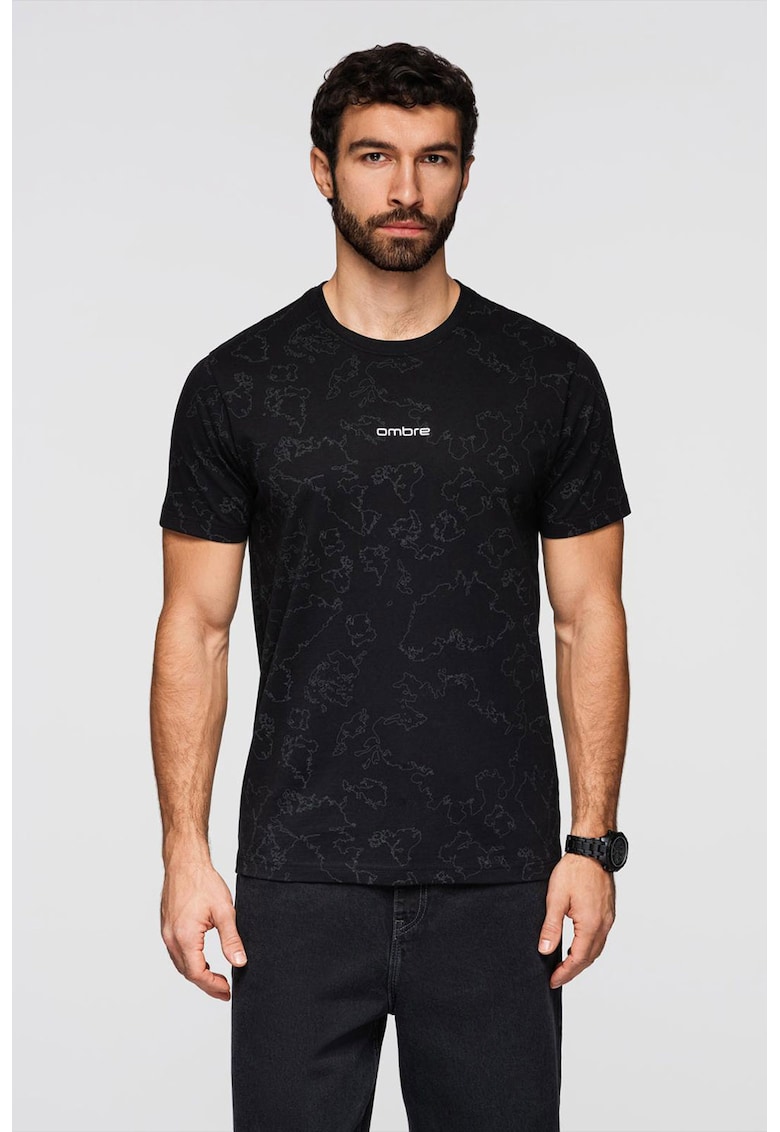 Tricou slim fit cu model - Negru/Gri inchis