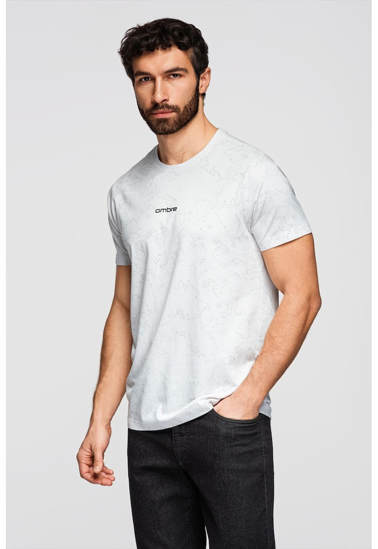 Tricou slim fit cu model - Alb/Gri inchis