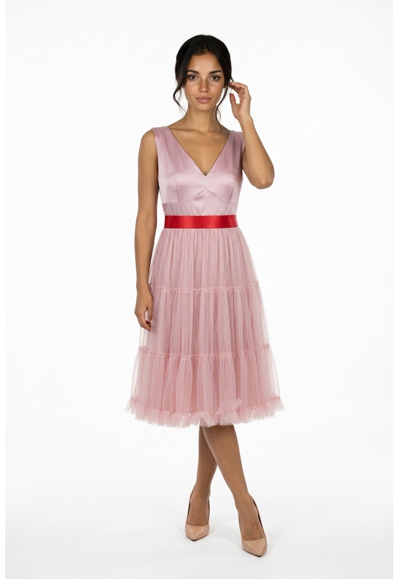 Rochie midi din tul si tafta Francisca - Roz deschis