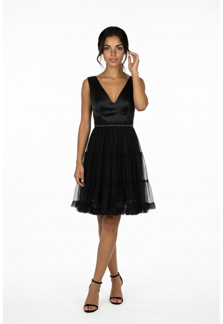 Rochie midi din tul si tafta Francisca - Negru