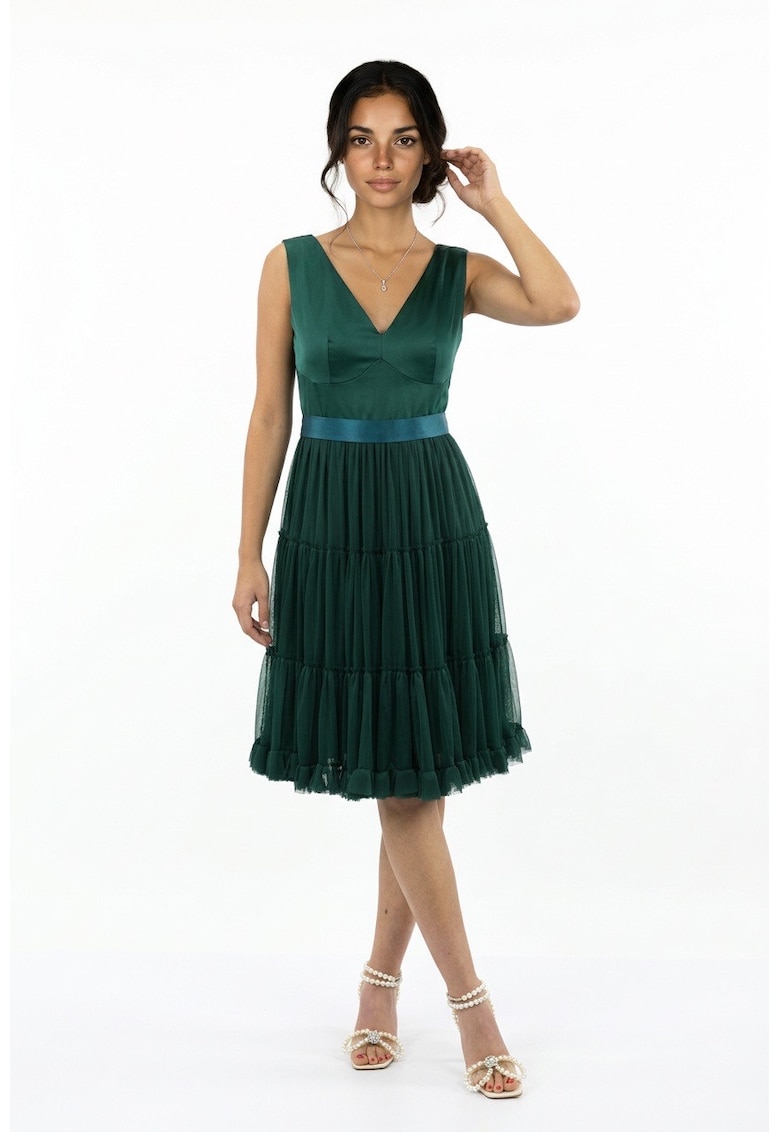 Rochie midi din tul si tafta Francisca - Verde