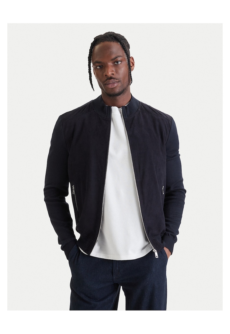 Geaca bomber Barbati - Piele intoarsa - Bleumarin