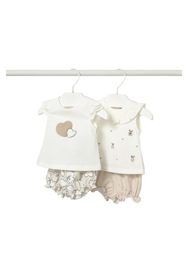 Set 2 tricouri+ pantaloni scurti - bumbac - bej - alb