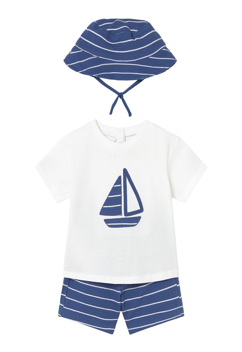 Set tricou+pantaloni scurti - Dungi - Alb - Albastru - Bumbac -
