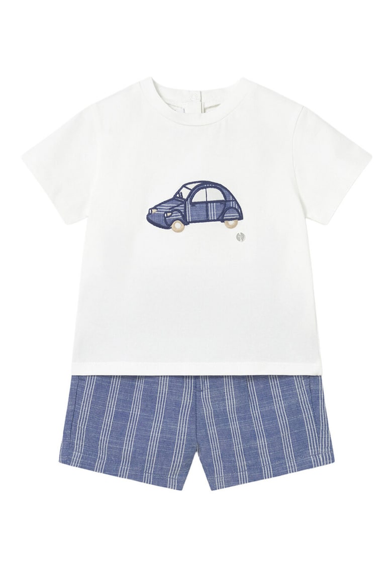 Set tricou/pantaloni scurti - dungi - alb+albastru - bumbac