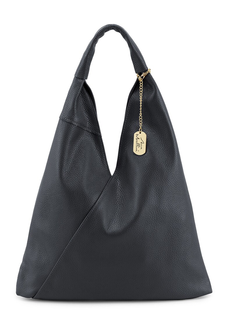 Geanta hobe de piele cu accesoriu logo metalic - Negru